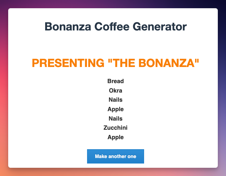 A drink called The Bonanza that includes bread, okra, nails, apples, and zuchini 