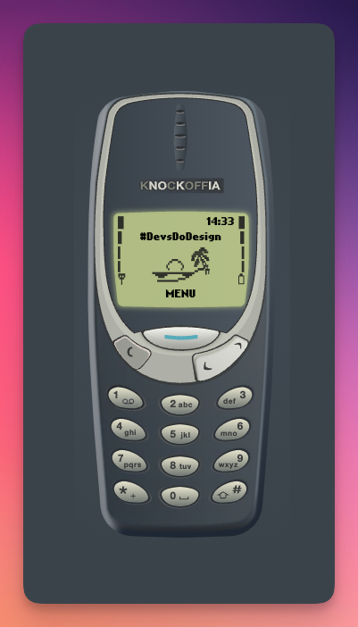 A nokia 3310 with a screen that says Devs Do Design