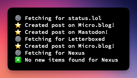A terminal output showing Echo checking for items on status.lol and Letterboxd. New items created have a star emoji next to them.