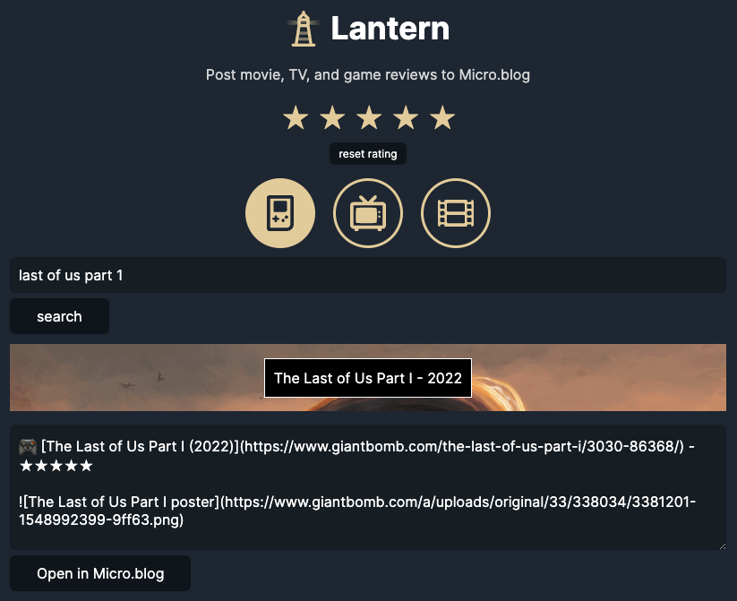 A screenshot of Lantern showing a search for The Last of Us, a search result with year and an image, and a box with the markdown in it to post to micro.blog