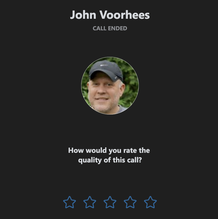 A screenshot of Skypes window asking me to rate a call with John