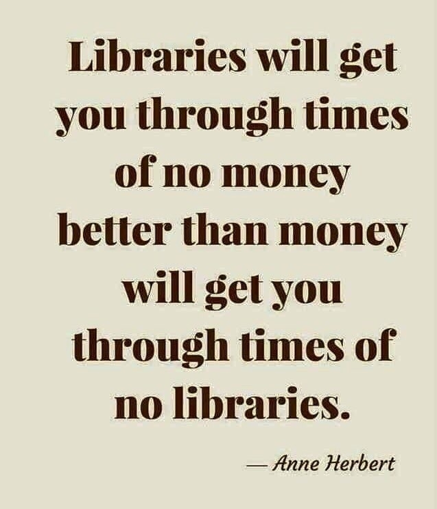Libraries will get you through times without money better than money will get you through times with no libraries. — Anne Herbert