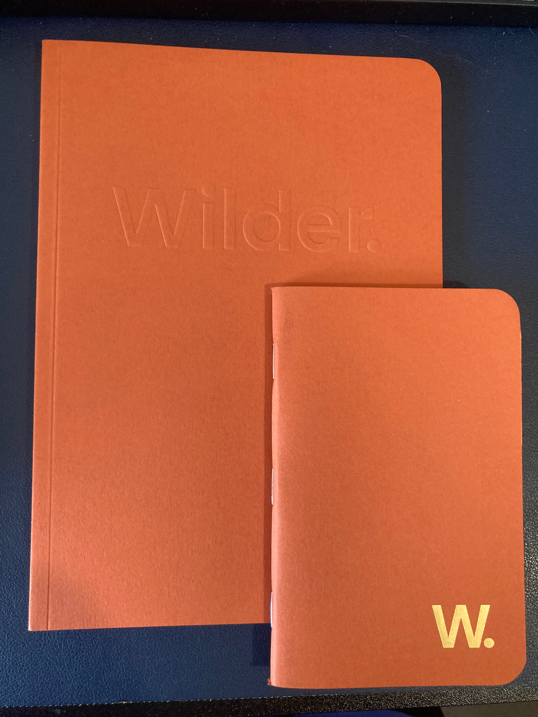 Top-down view of two orange Wilder notebooks on a desk, one smaller sitting partly atop the other.