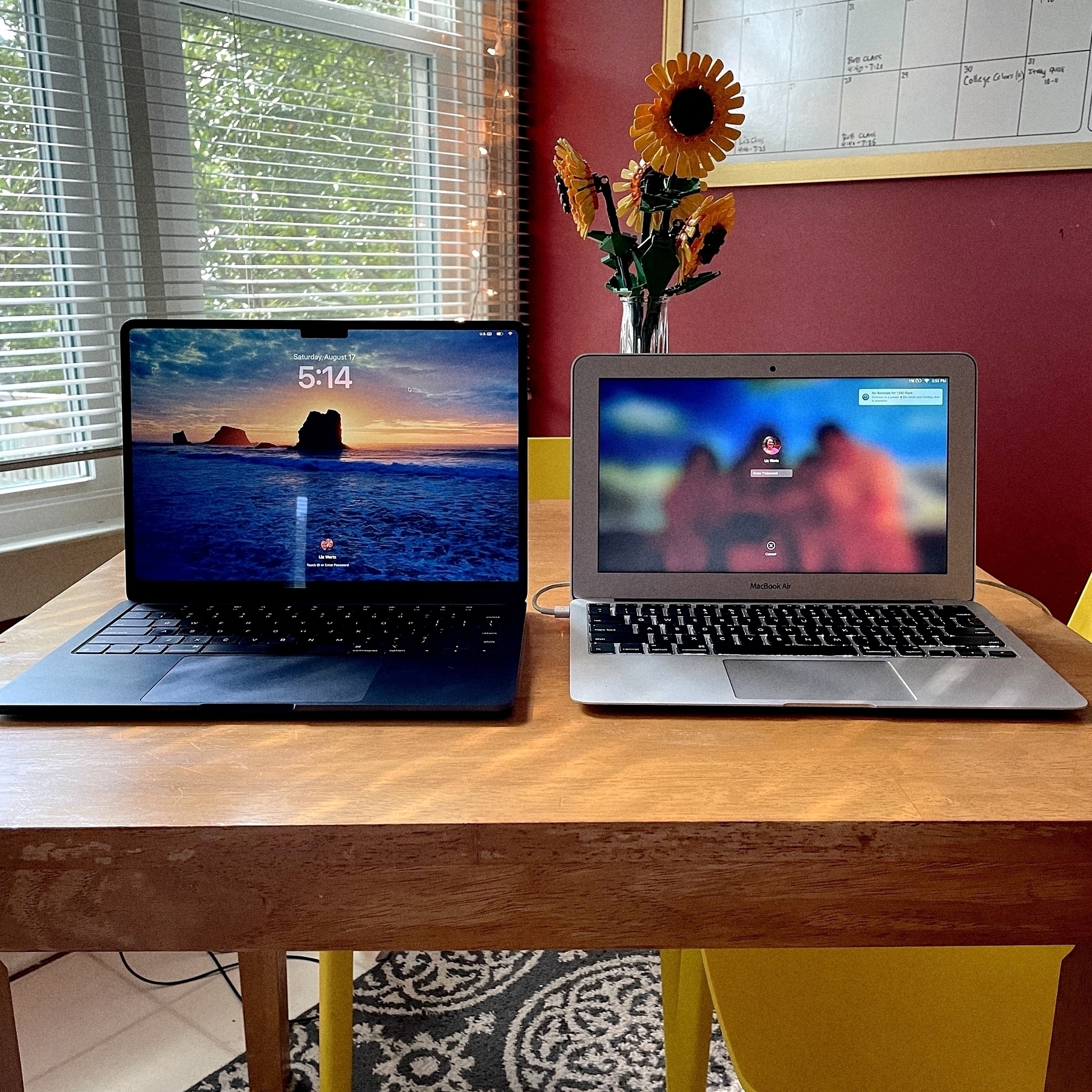 MacBook Air comparison. Left, new 13. Right, old 11. Screens on. 