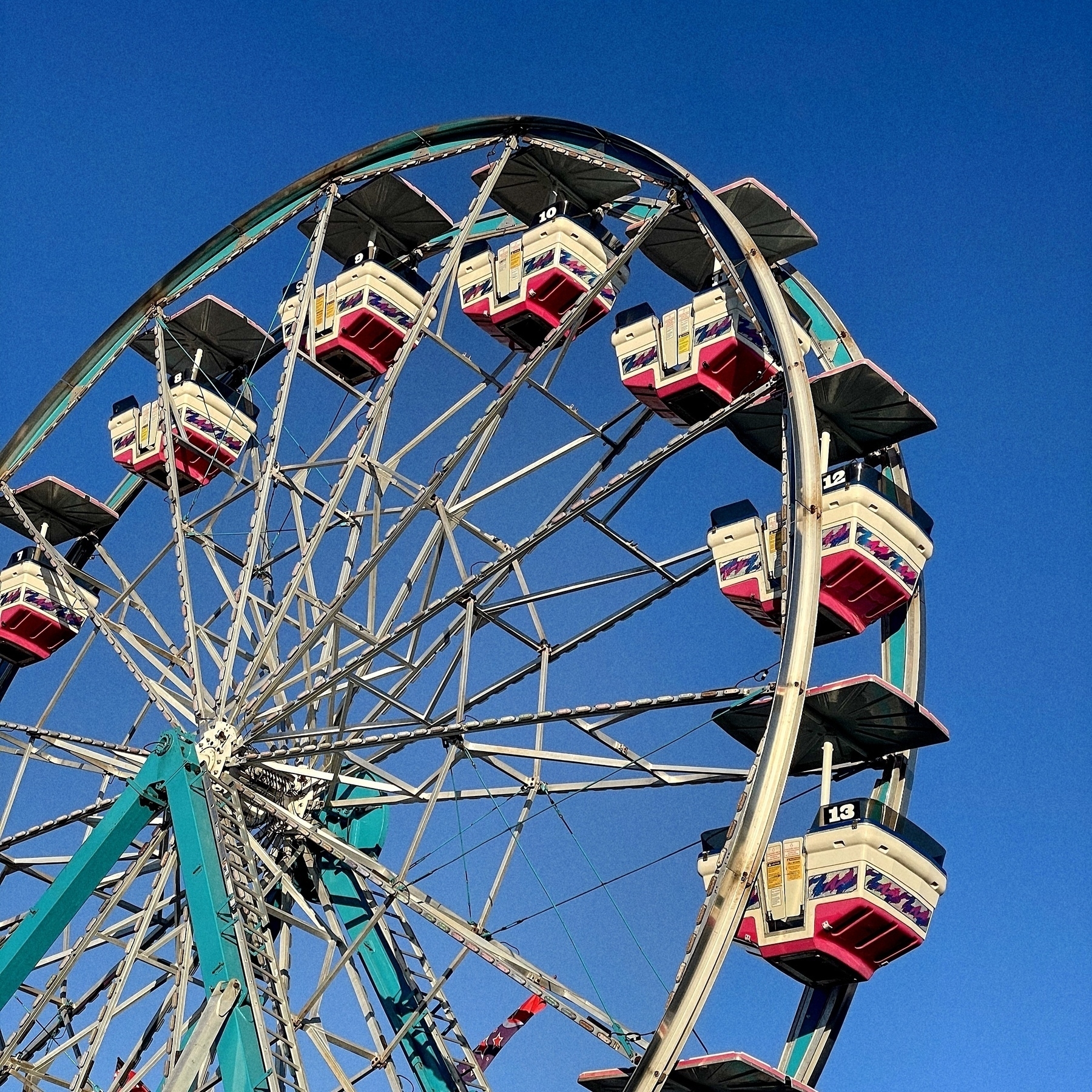 A large Ferris wheel with colorful gondolas is set against a clear blue sky at the SC State Fair. 