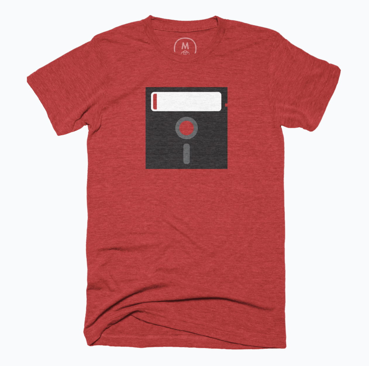 A red shirt with a 5.25 inch floppy disk.