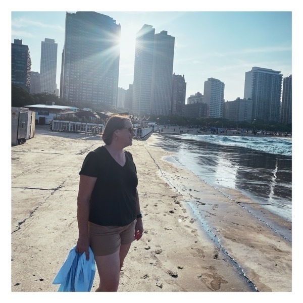 Liz looks out over Lake Michigan.