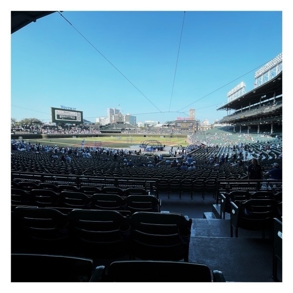 A daytime view of Wrigley behind home plate.