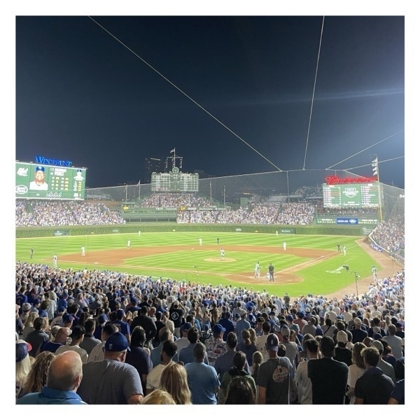 A mighttime view of Wrigley behind home plate.