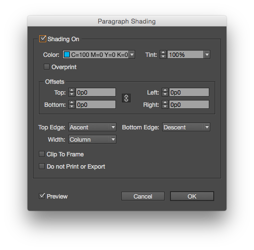 The full paragraph shading dialog box offers more options.