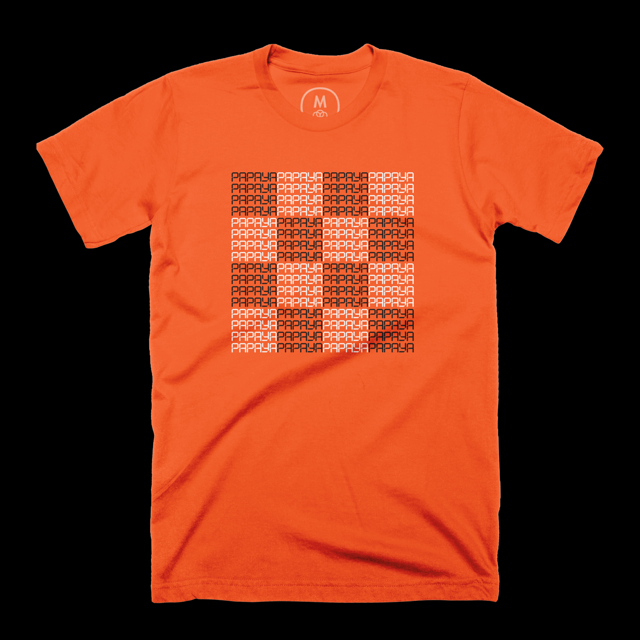 An orange T-shirt features a design with the word PAPAYA repeatedly printed in a grid pattern