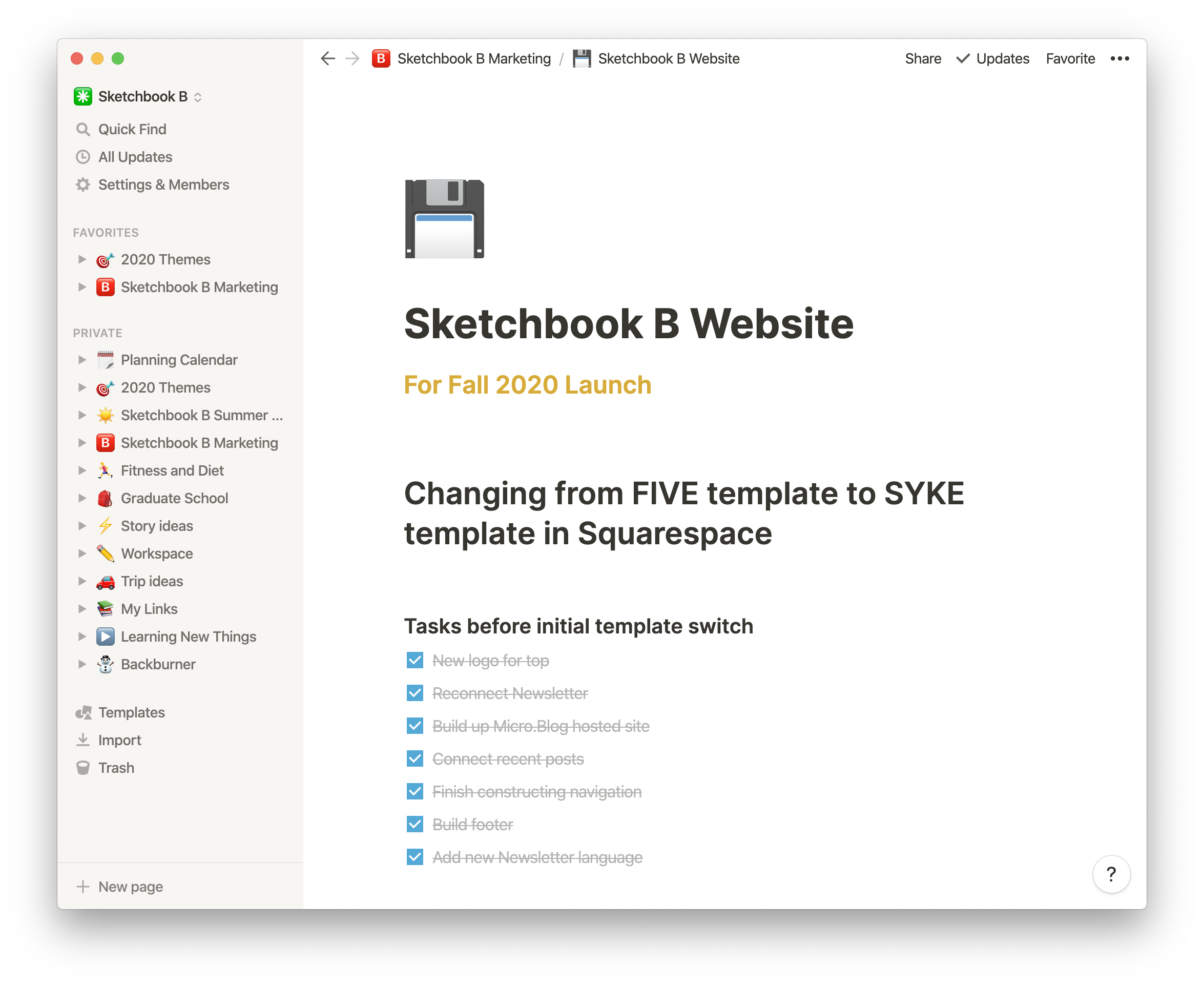 I used Notion to plan the recent upgrade to a new Squarespace template.
