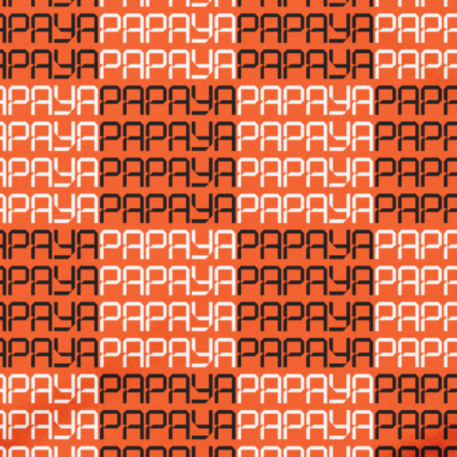 The word PAPAYA is repeatedly written in bold uppercase letters in black and white colors on an orange background, arranged in a uniform pattern.