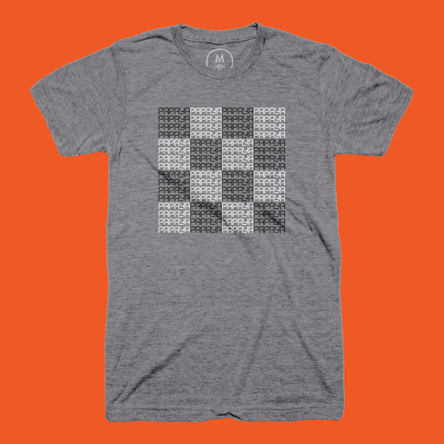A gray T-shirt featuring the word PAPAYA repeated in a checkered flag grid pattern.