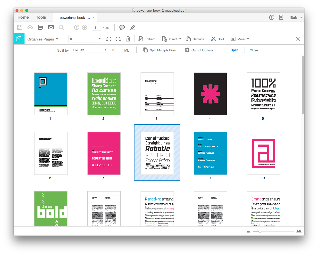 The toolbar for “Organize Pages” has the “Split” command.