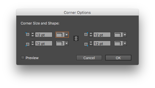 Set the amount and style of your corner effects with the corner options dialog box. Uncheck the chain icon to set corners independently.