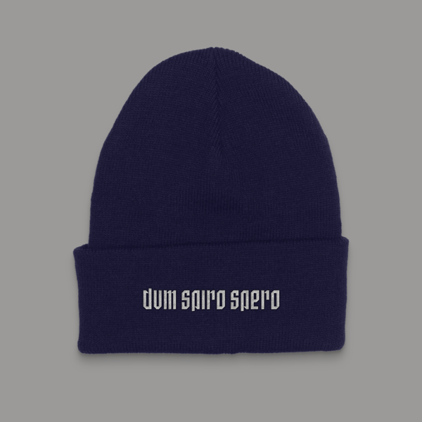 Dum spiro spero on an indigo blue beanie