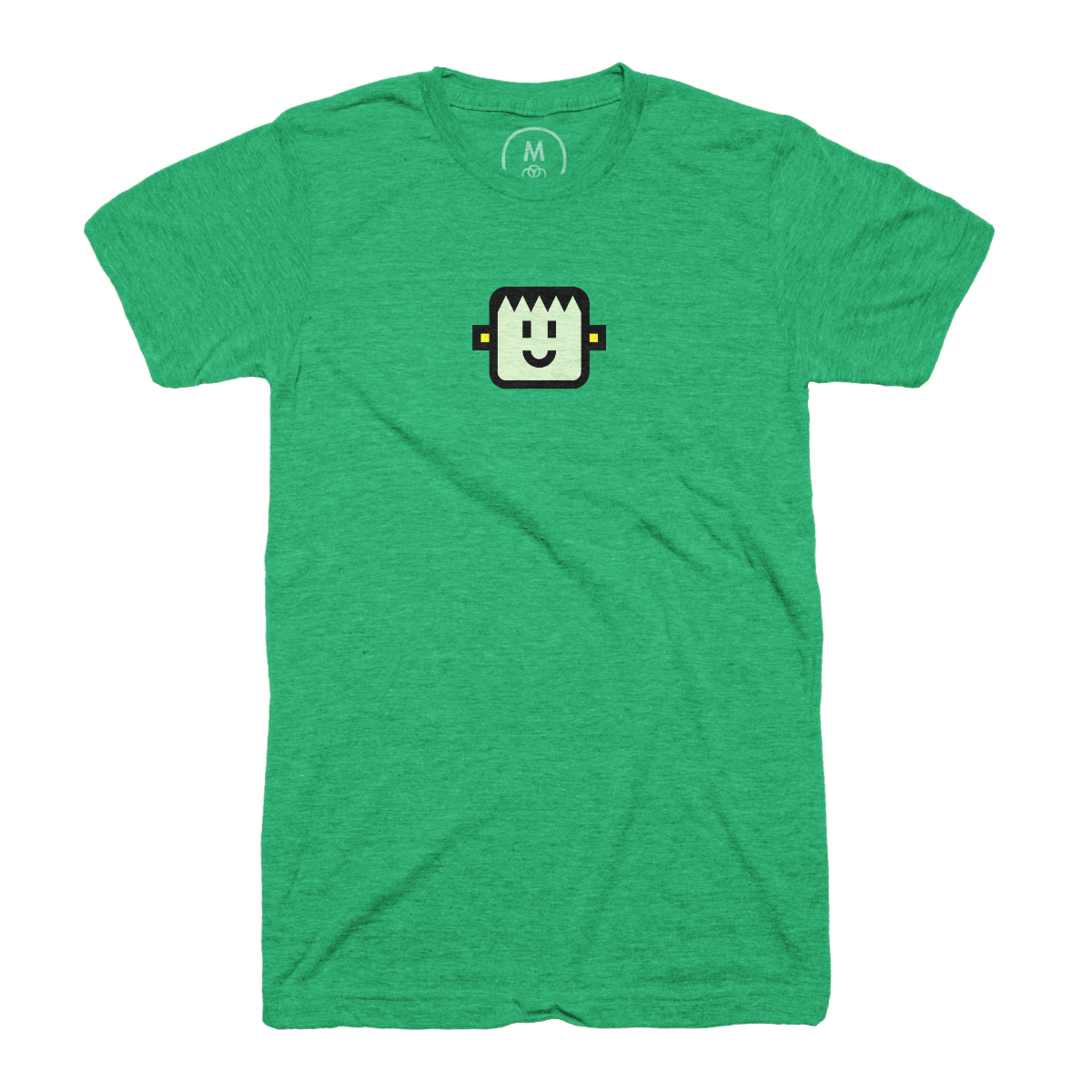 A green T-shirt featuring a minimalist cartoon face with bolts on the sides, resembling a friendly Frankenstein's monster.