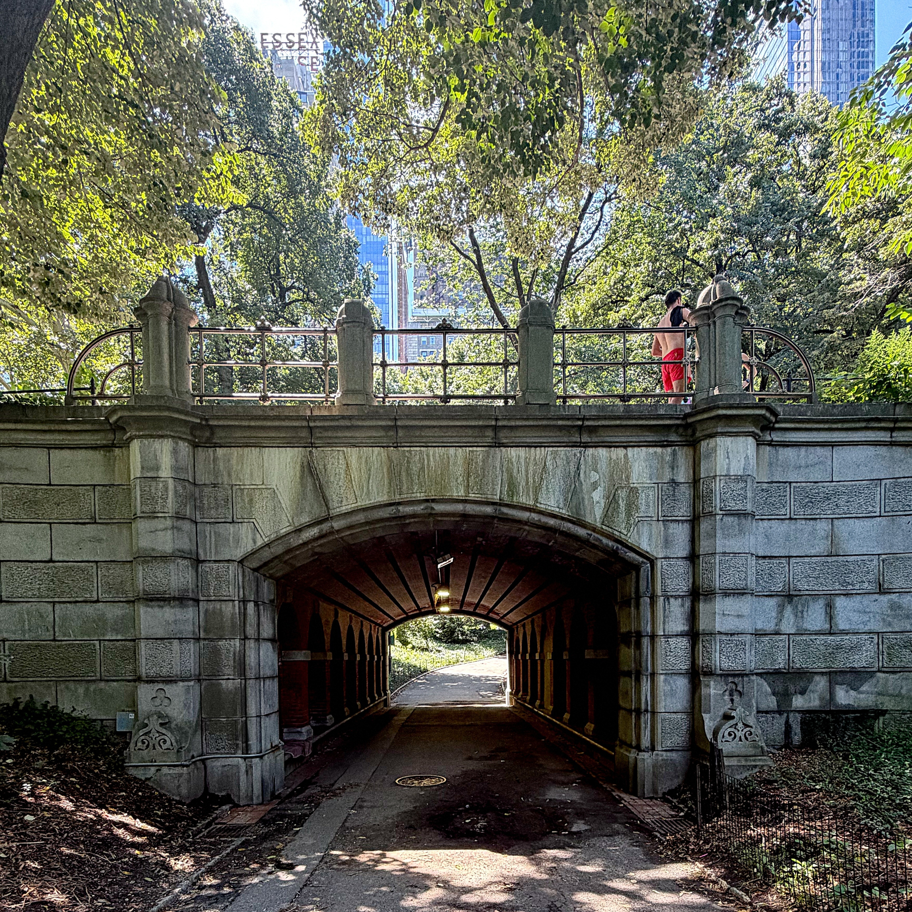 A stone archway bridge is surrounded by lush green trees with a pathway running beneath it, while a person in a red outfit stands on top of the bridge.