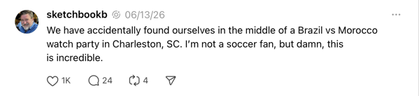Social media post about Brazil-Morocco World Cup watch party.