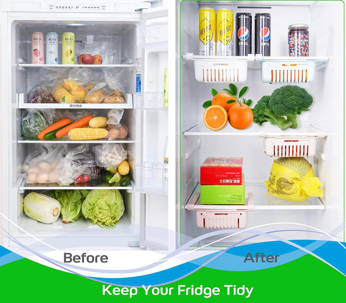Before and after. Before has lots of food in a fridge. After has only a few things badly photoshopped in.