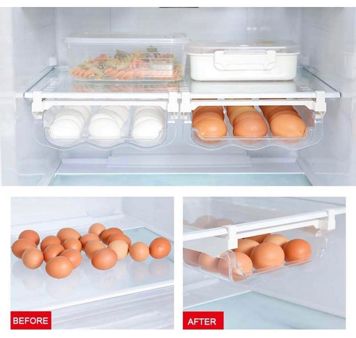 Before and after scene. Before has a pile of eggs on the bottom of the fridge. After has an egg rack.