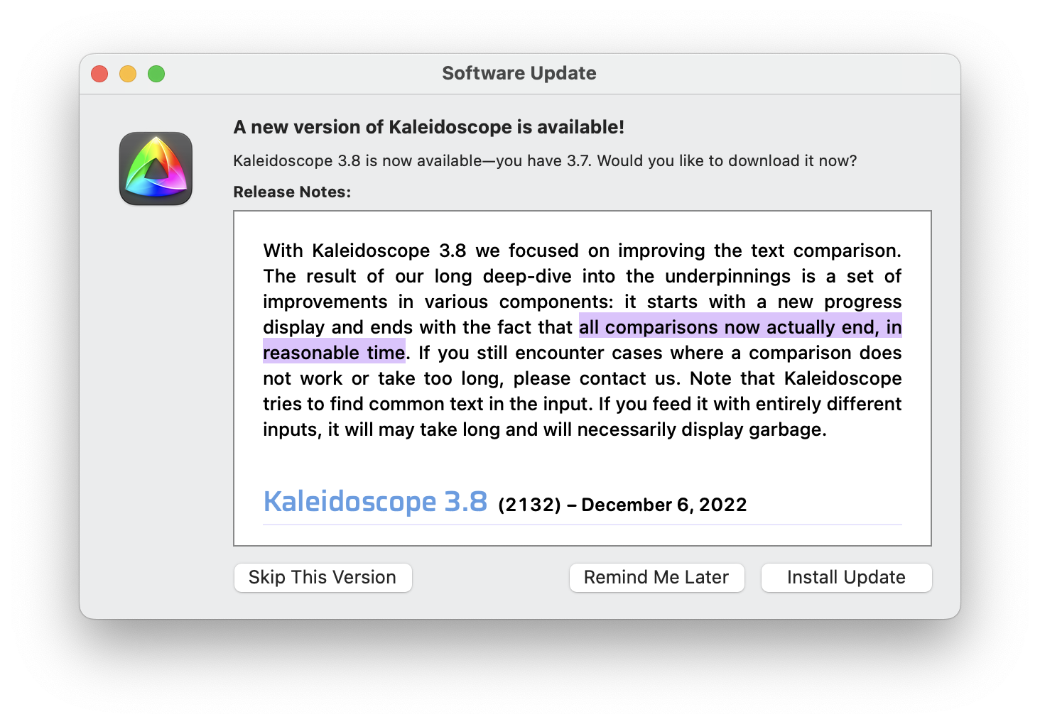 Screenshot of Kaleidoscope update window with the text: "all comparisons now actually end, in&10;reasonable time."