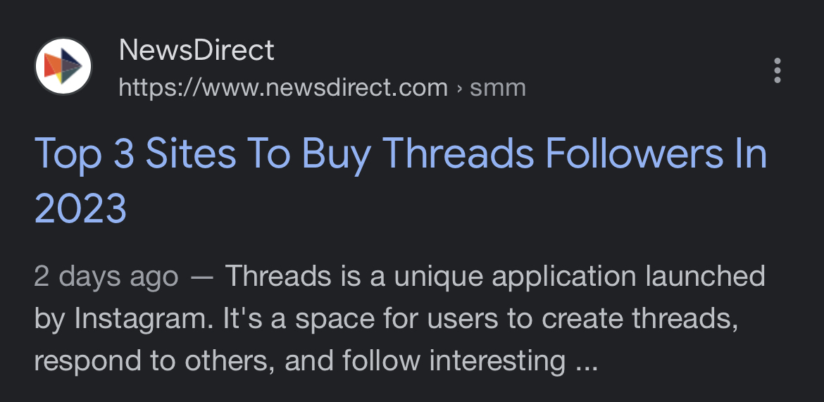 Search result offering to sell Threads followers only a few days after launch.