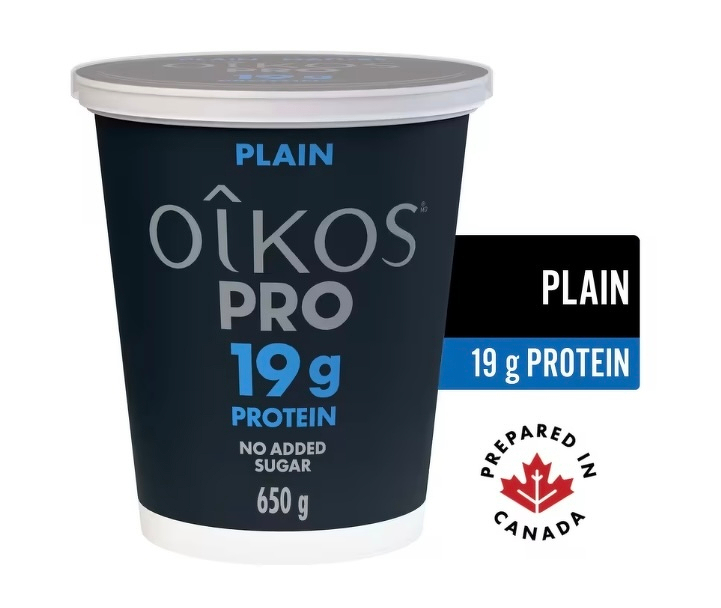 A container of Oikos Pro plain yogurt displays 19g protein.