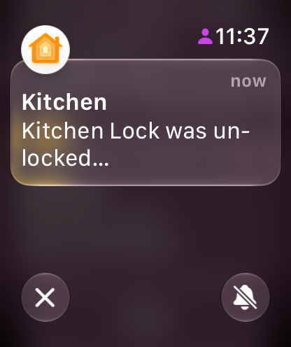 A notification indicates “Kitchen Lock was unlocked…”