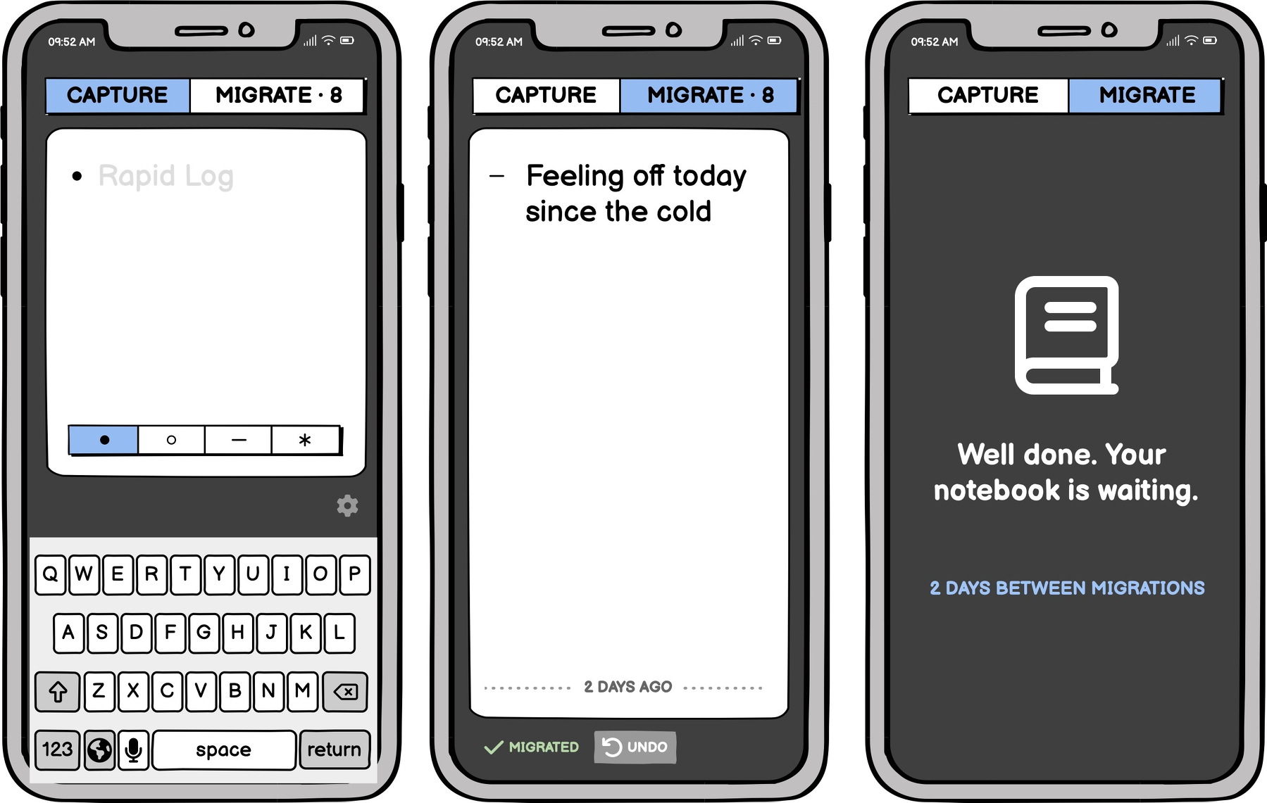 Three smartphone screens in a mockup display a journalling app with capture and migrate functions, showcasing a rapid log entry, and a completed migration notification.