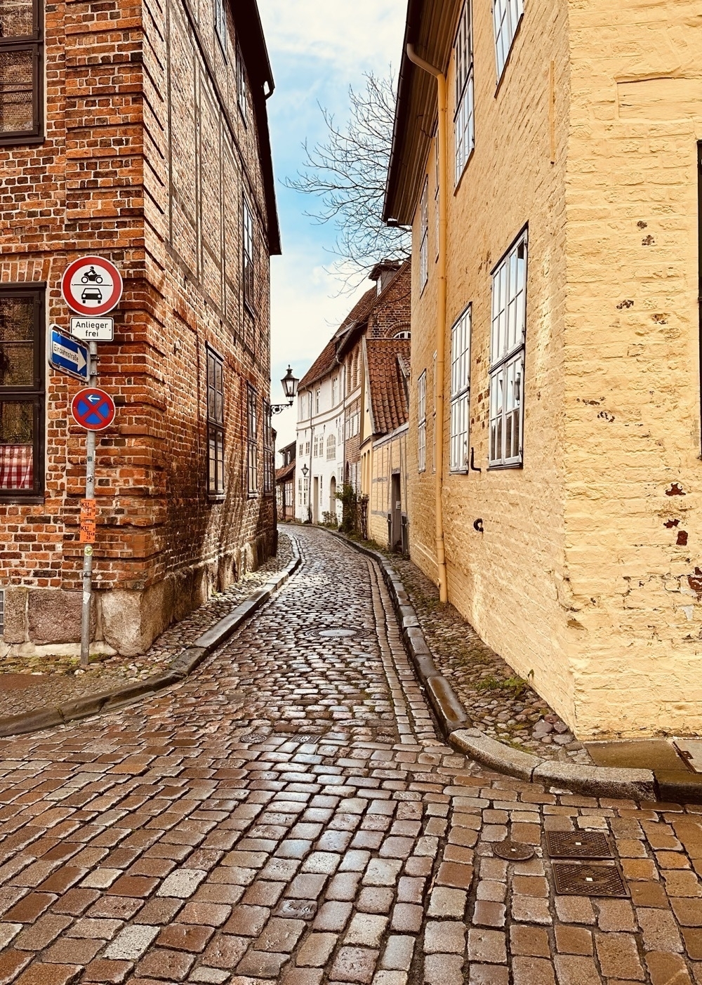 Crooked alley with medieval houses