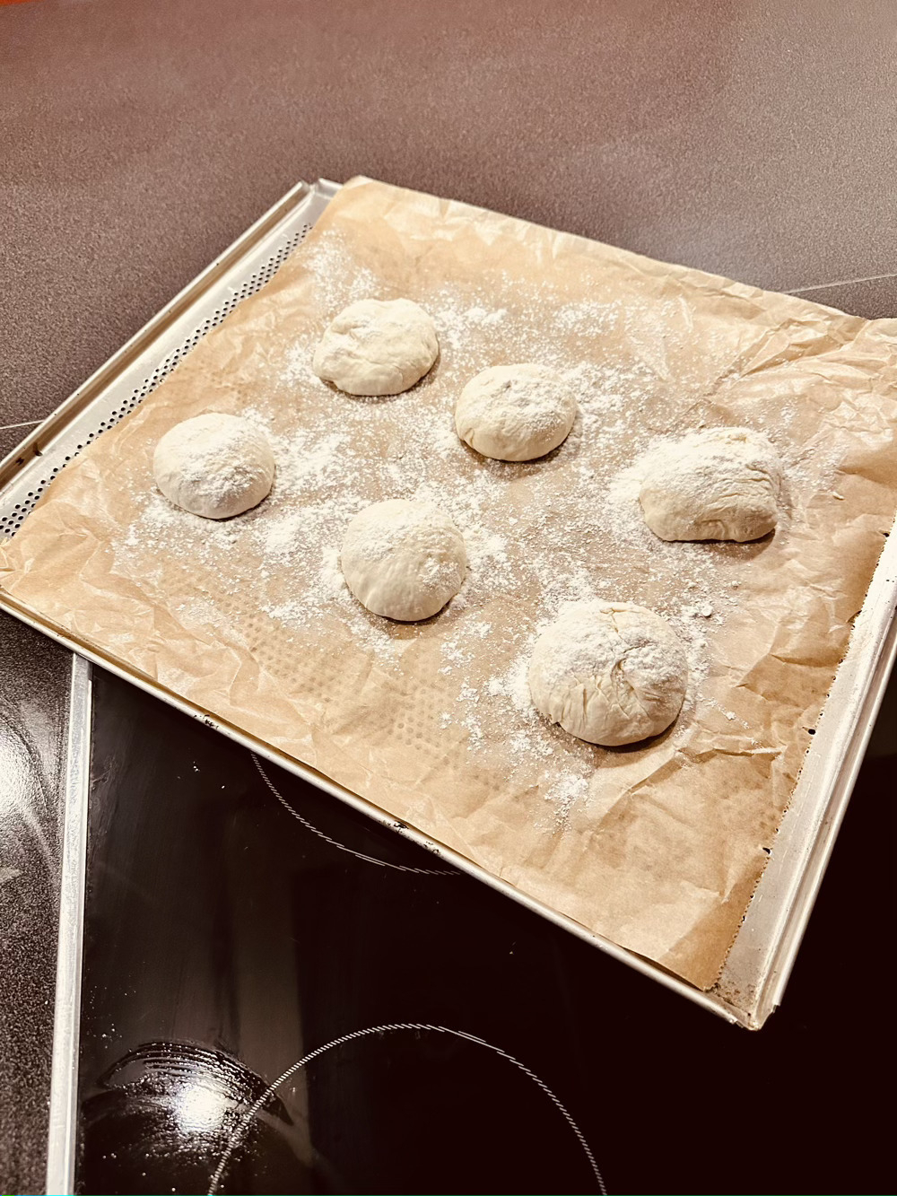 6 dough balls proofing on a rack, raising to the occasion 
