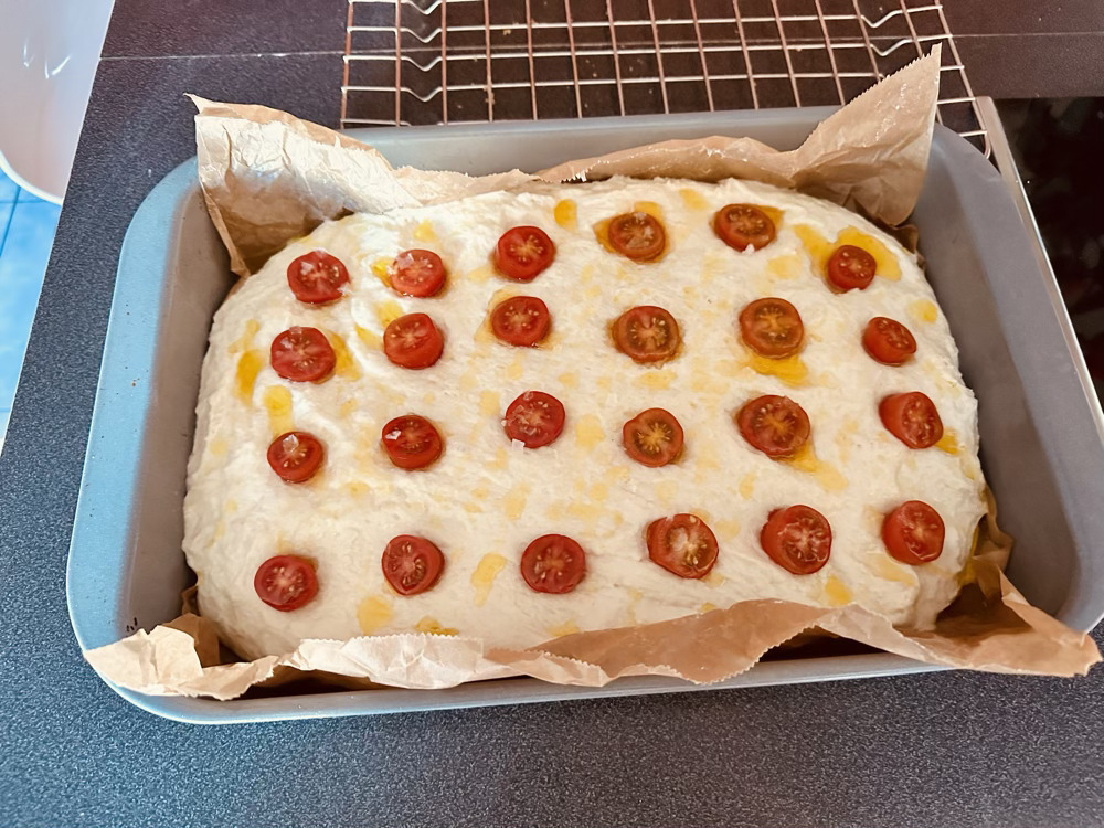 Pan filled with my tomato focaccia ready for baking