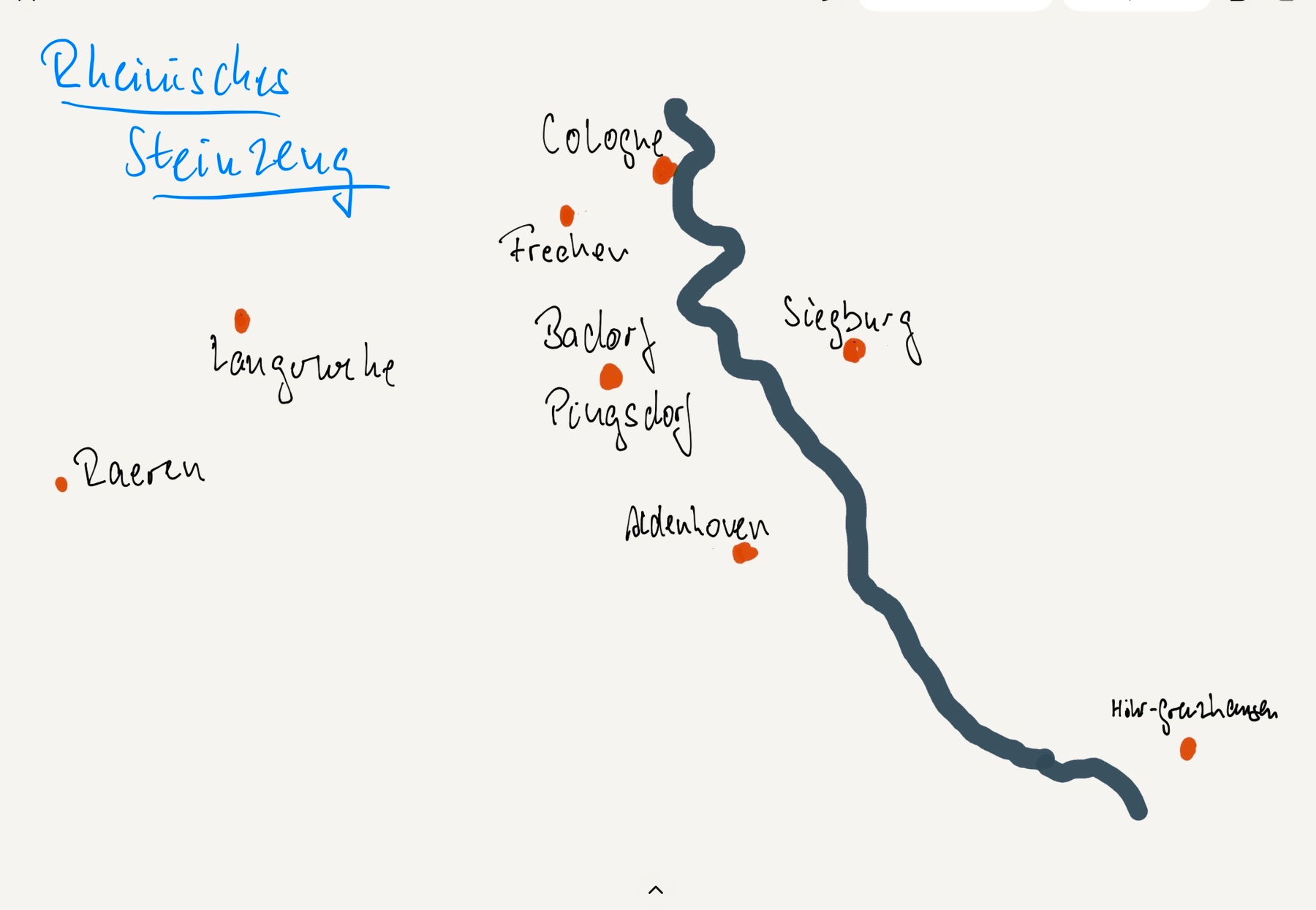 A hand-drawn map labeled Rheinisches Steinzeug features the Rhine various cities like Cologne and Siegburg, and dots marking locations such as Raeren, Frechen, and Höhr-Grenzhausen.