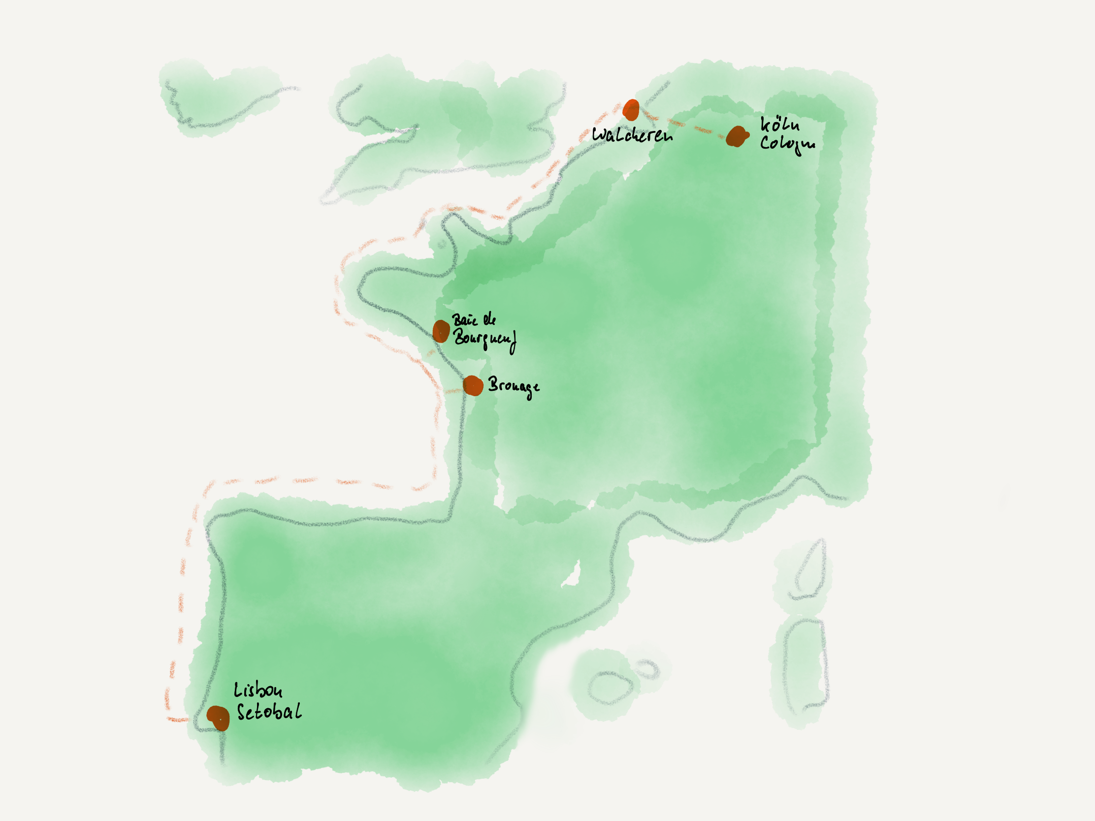 A simple, stylized map depicts regions labeled with &ldquo;Lisboa,&rdquo; &ldquo;Setobal,&rdquo; &ldquo;Brouage,&rdquo; &ldquo;Baie de Bourgneuf,&rdquo; &ldquo;Walcheren, " and &ldquo;Köln/Cologne&rdquo; The dotted red line shows the flow of Baiensalz to Cologne