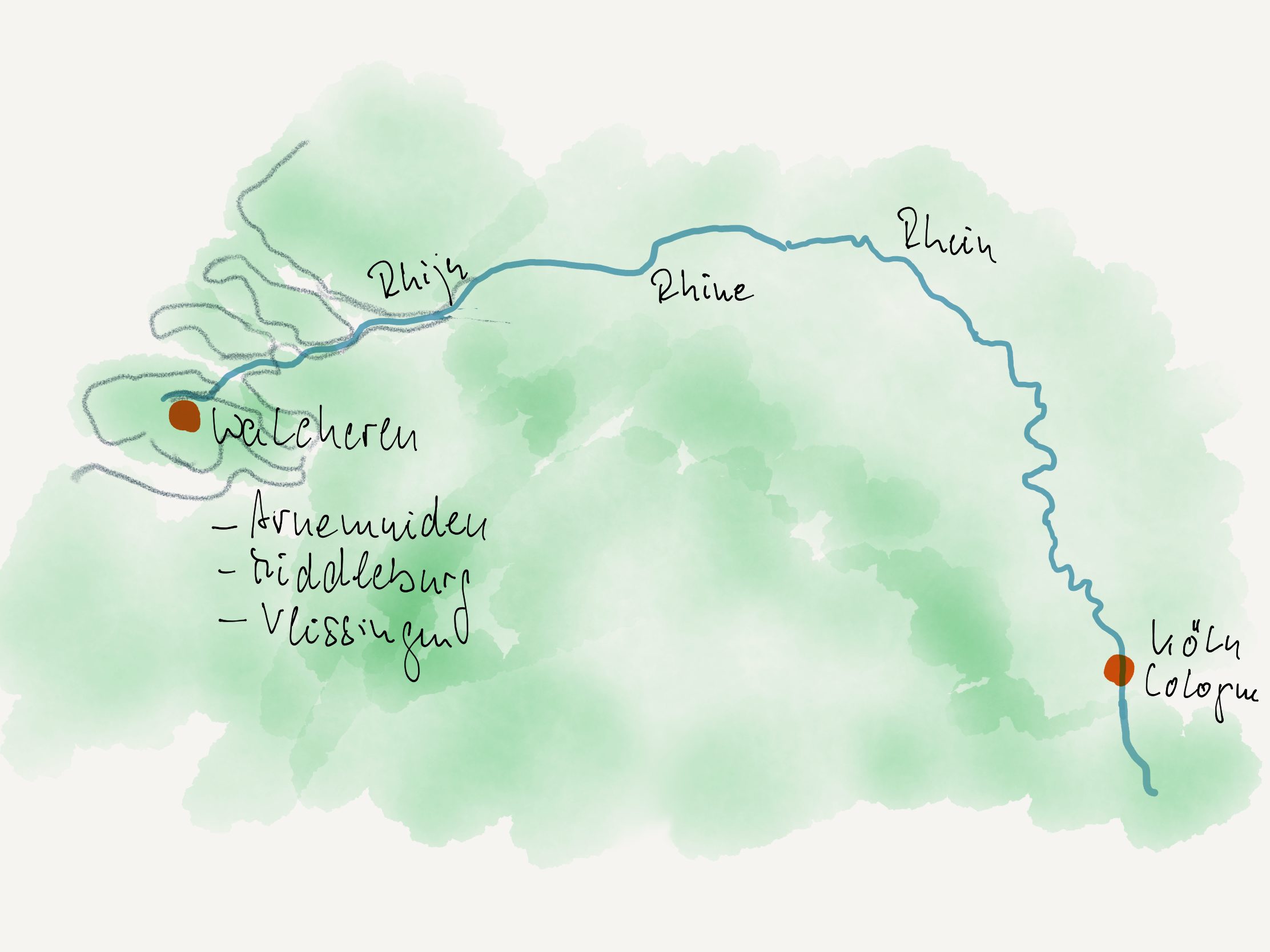 A hand-drawn map illustrates the Rhine River with marked locations including Cologne and Walcheren.
