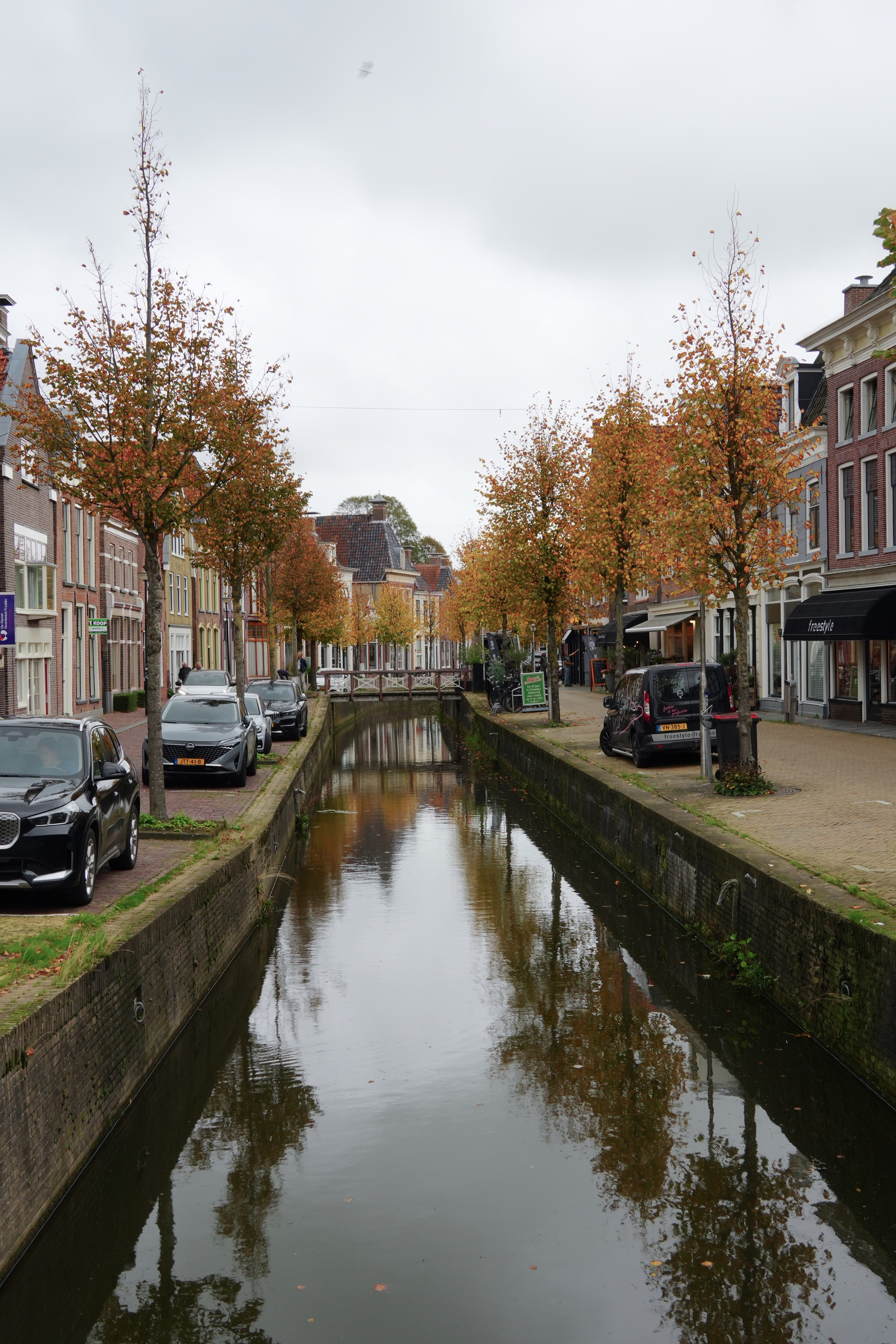 A canal lined with autumn-leafed trees and parked cars runs through a quaint town with brick buildings under a cloudy sky.