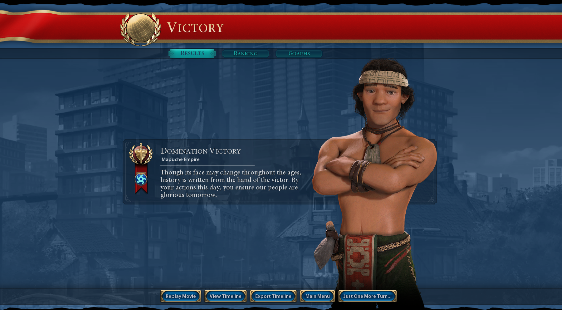 Civ 6 victory screen showing a domination victory for the Mapuche