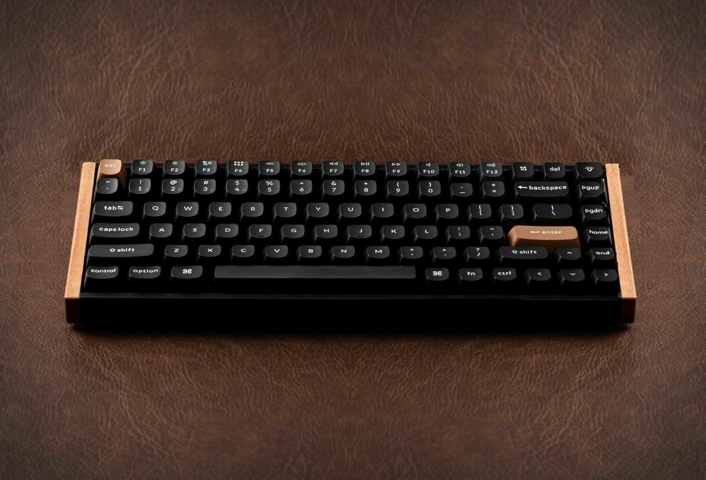 A sleek mechanical keyboard with black keys and a wooden frame is placed on a textured brown surface.