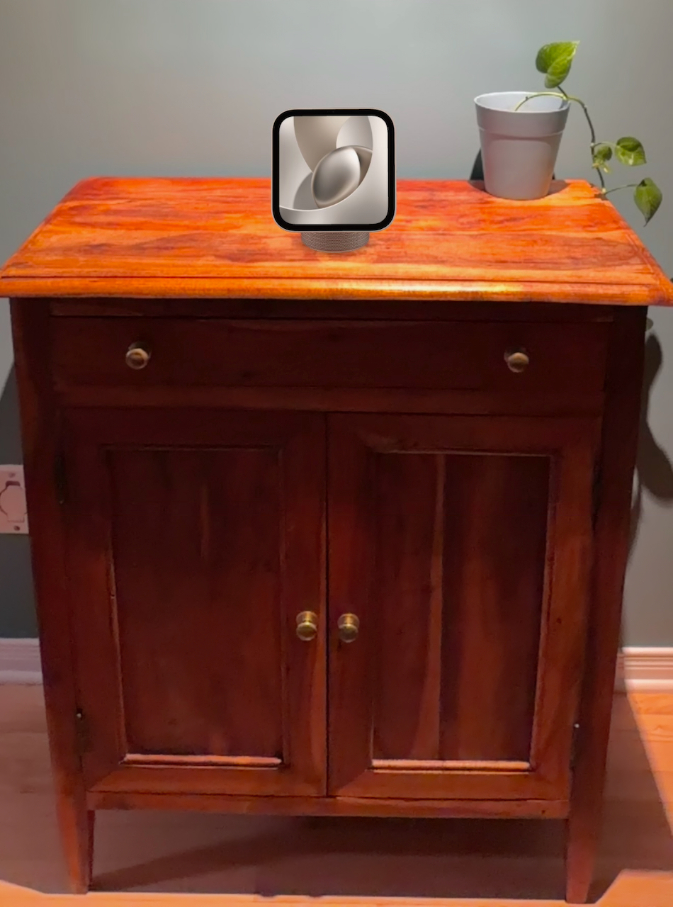 Auto-generated description: A wooden cabinet with two doors and a single drawer is topped with a potted plant having trailing green leaves with a HomeView sitting on the top.