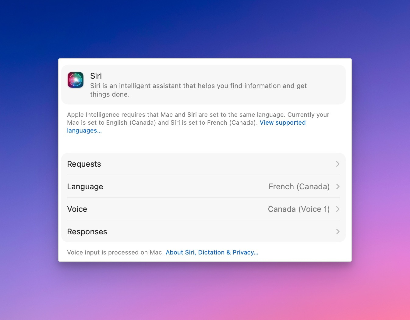 A Siri settings window shows that the Mac is set to English (Canada) while Siri is set to French (Canada), with options for Requests, Language, Voice, and Responses.