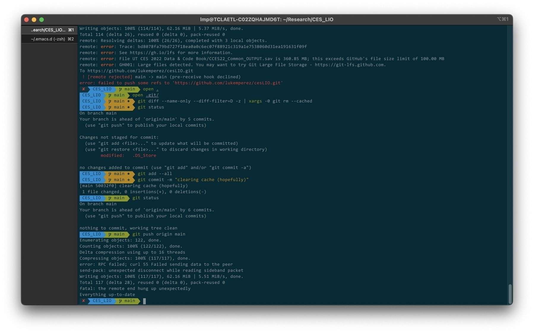 Screenshot of the terminal showing errors pushing to github