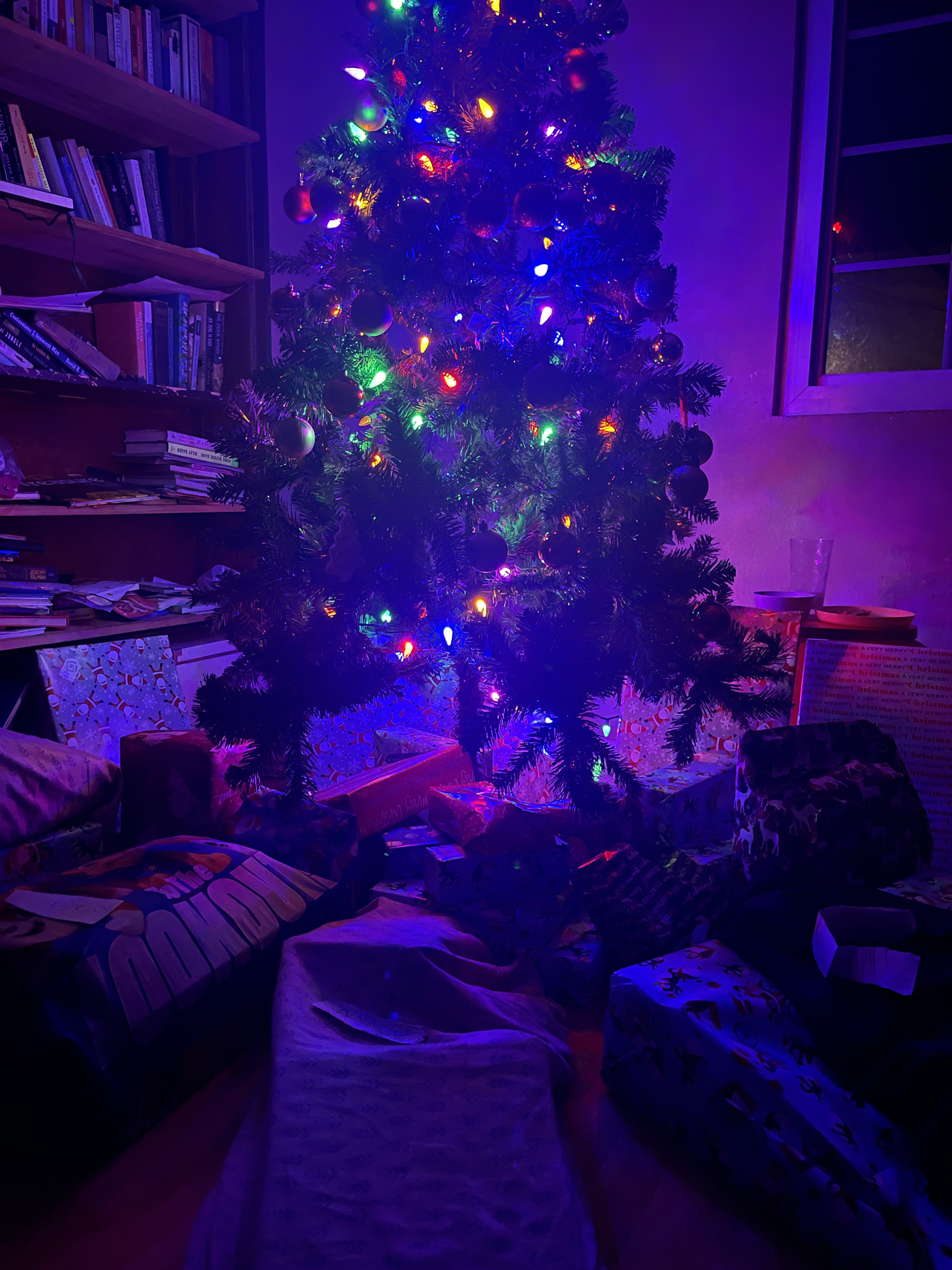 Christmas tree in the dark with lights, full of presents underneath