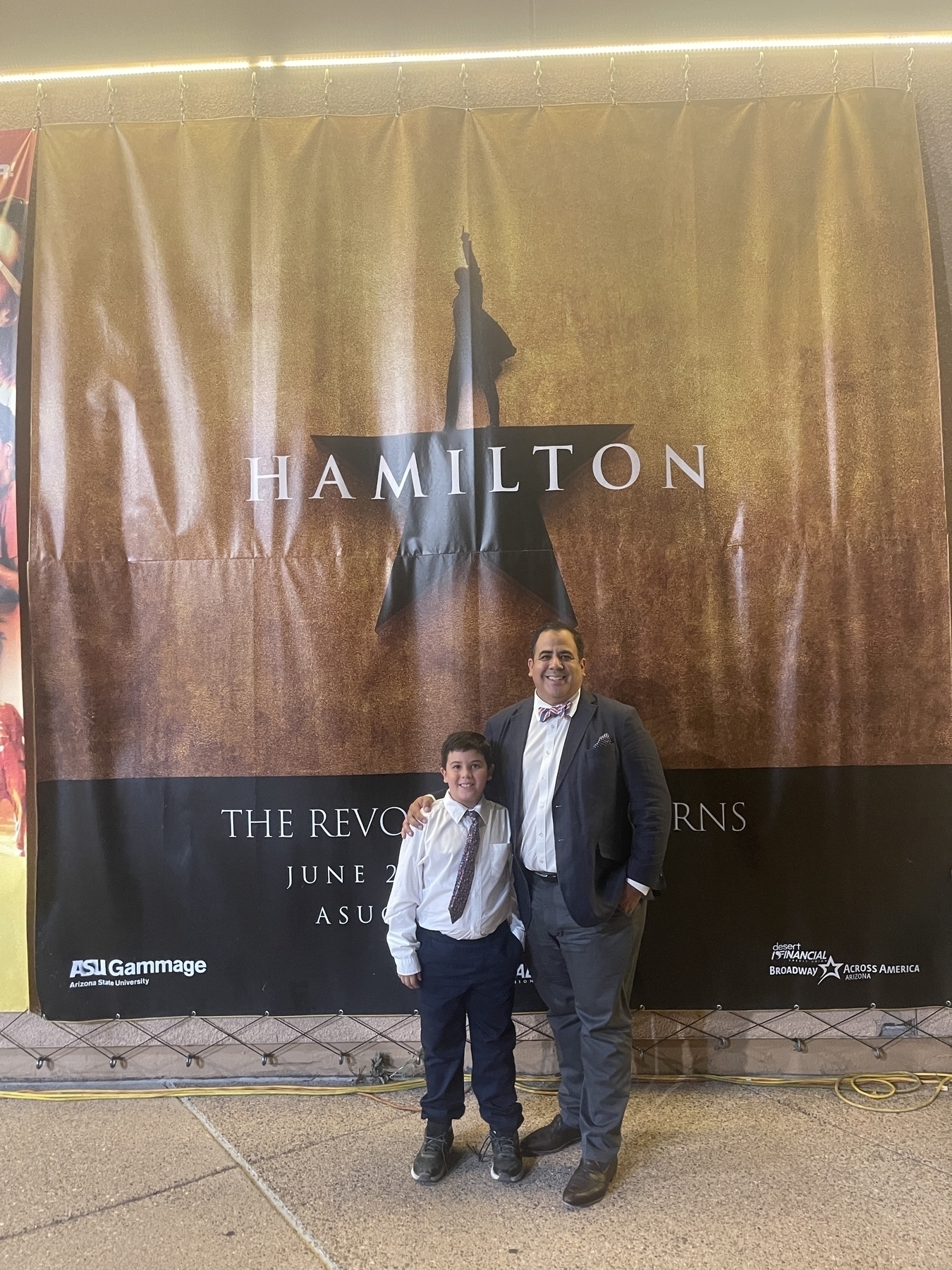 Photo of father and son after seeing Hamilton, the musical, in Tempe Arizona.
