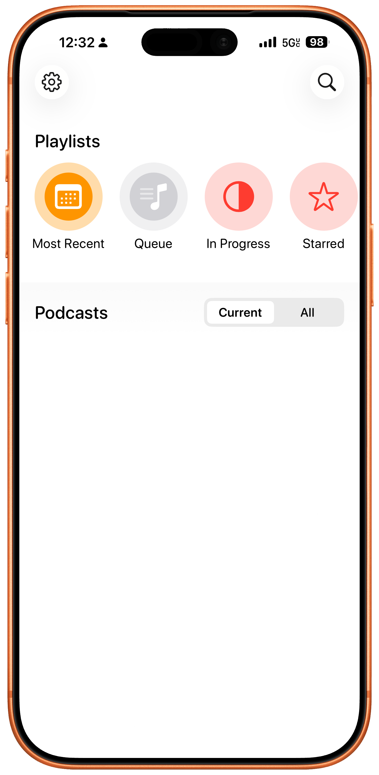 Screenshot of Overcast podcast app with an empty queue. 