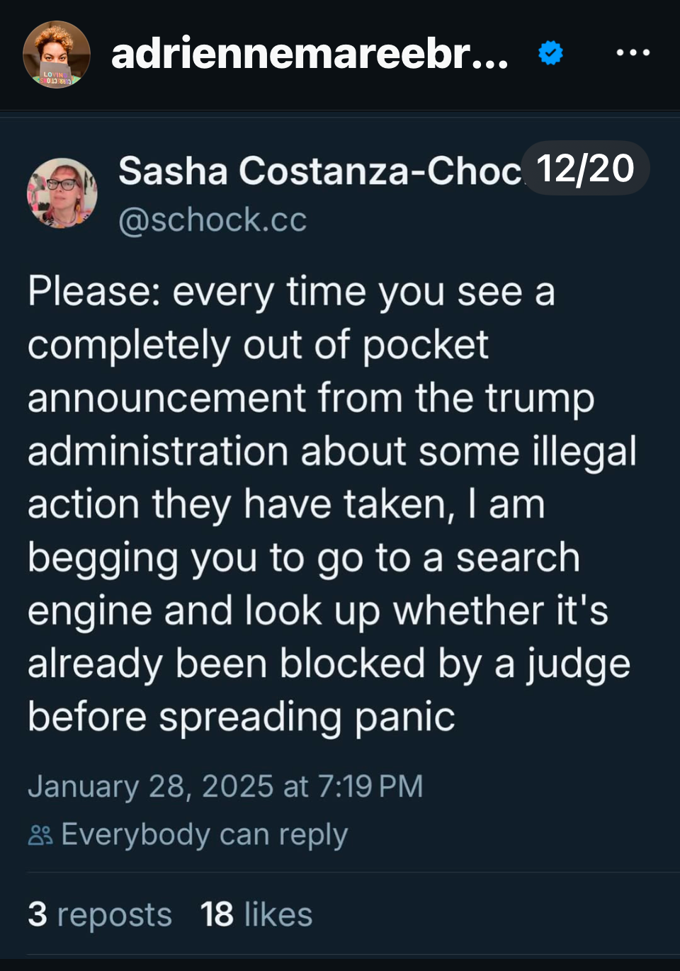 adriennemareebr... = SOUS 810 Sasha Costanza-Choc 12/20 [@schock.cc](http://schock.cc) Please: every time you see a completely out of pocket announcement from the trump administration about some illegal action they have taken, I am begging you to go to a search engine and look up whether it's already been blocked by a judge before spreading panic January 28, 2025 at 7:19 PM