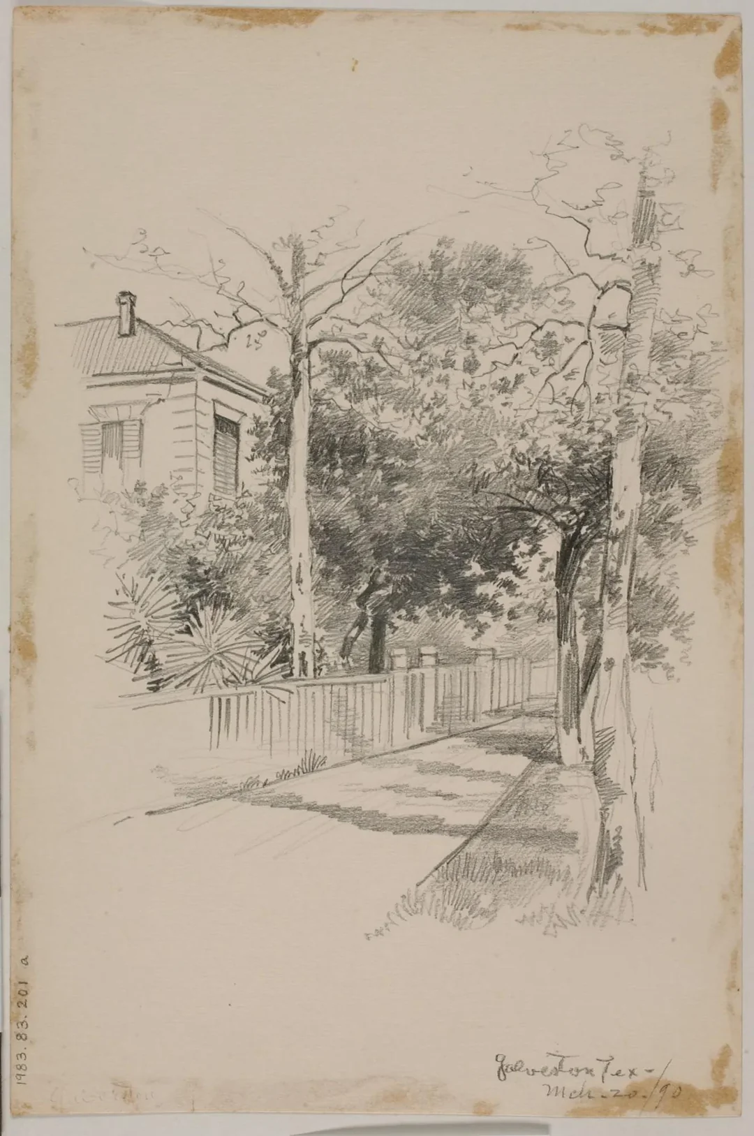 A pencil sketch of a Galveston street in 1890