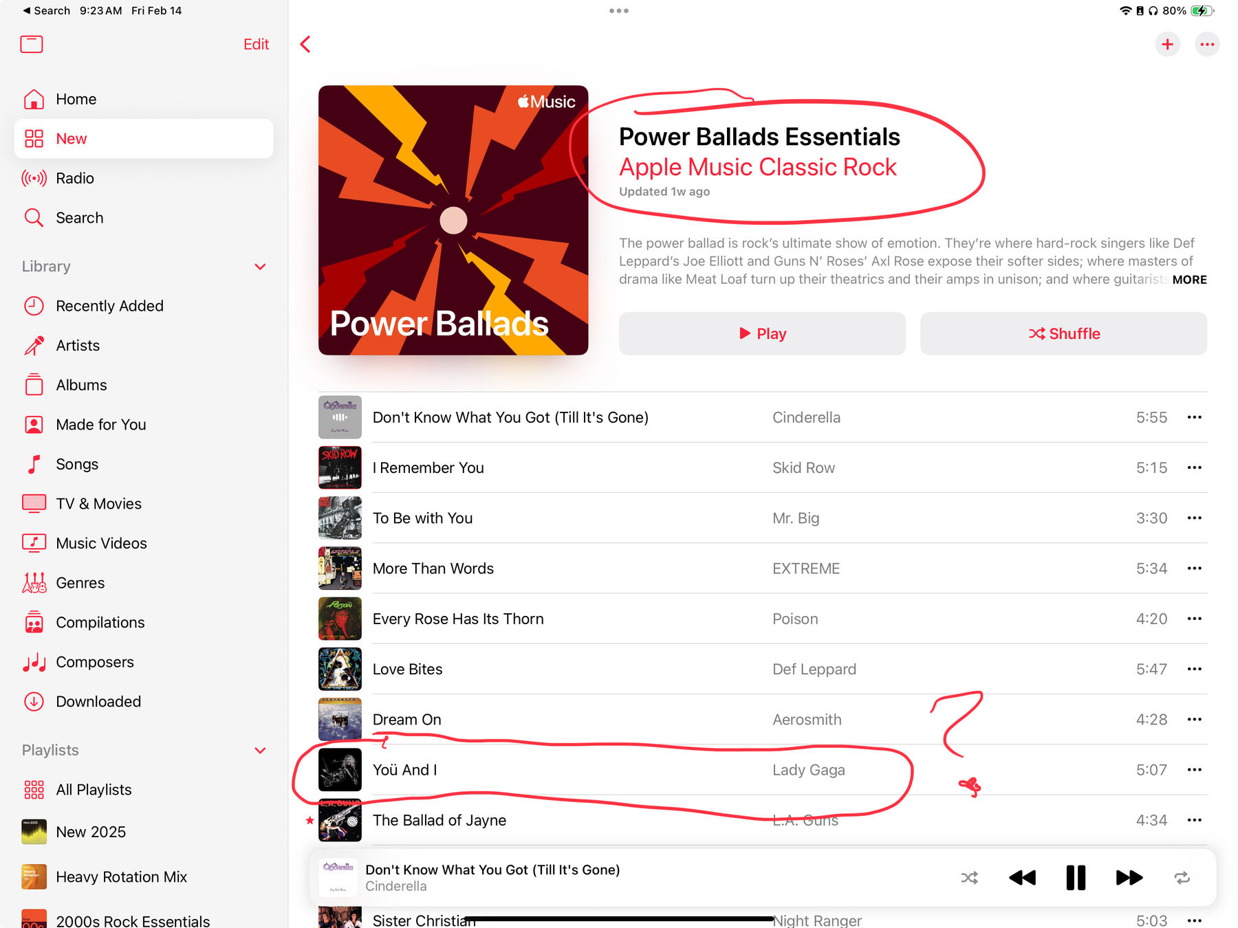 Screenshot of Apple Music’s Power Ballad Essentials from their Classic Rock collection. Unfortunately Lady Gaga snuck onto the list.