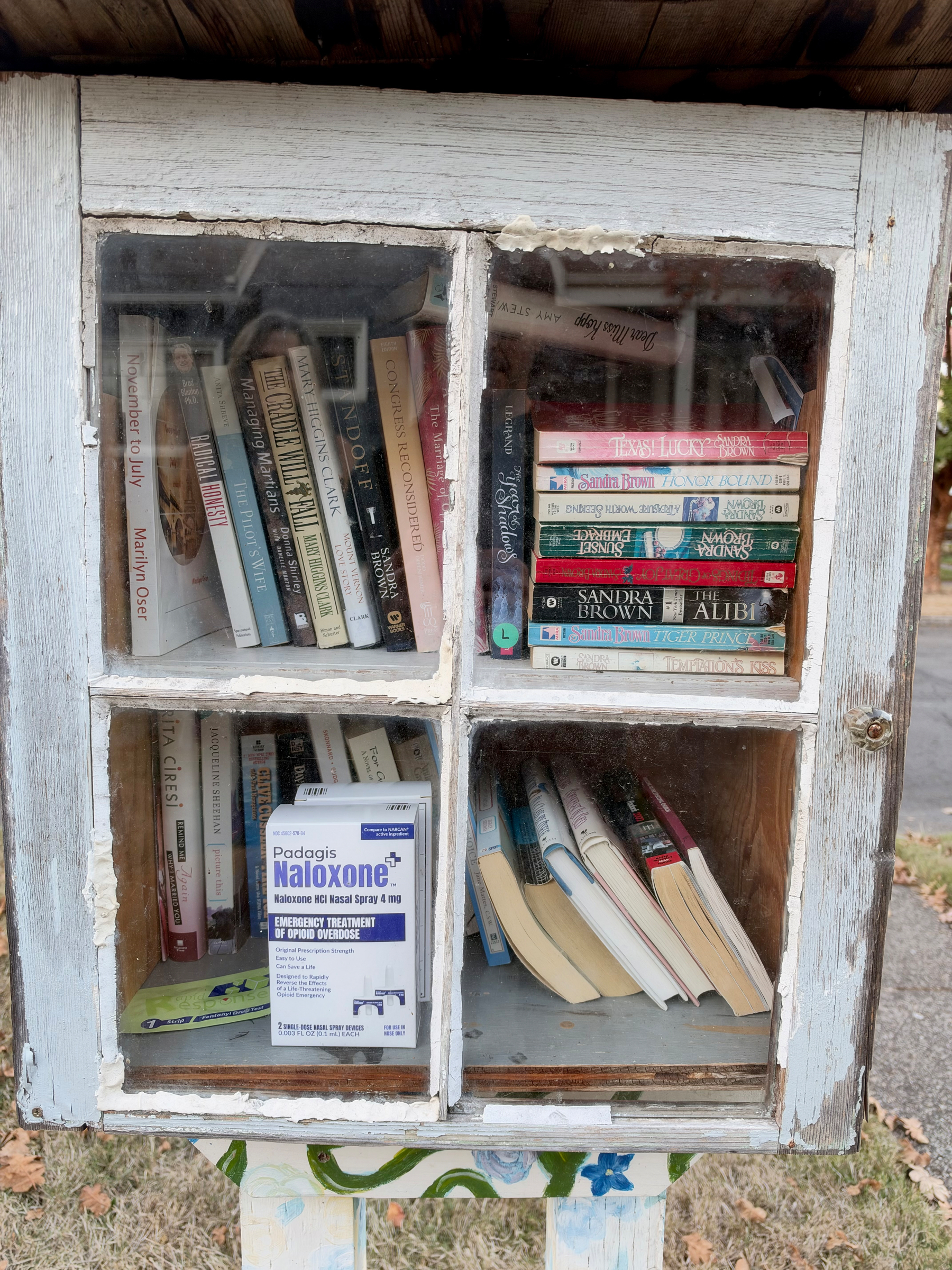 A small weathered wooden cabinet with four glass panes contains a variety of books and a box of Padagis Naloxone nasal spray for emergency treatment of opioid overdose.